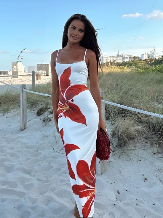 Commense Dresses & Skirts - Commense White Maxi Dress with Bold Red Floral Design
